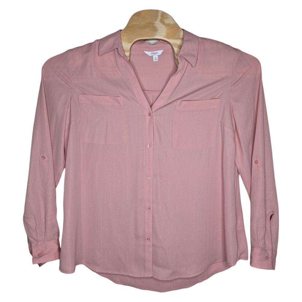 Candie's Button Up Shirt Womens Size XL Pink Roll Tab Long Sleeve Semi Sheer
